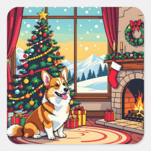 Adesivo Quadrado Um Natal Festivo e Fofo de Corgi
