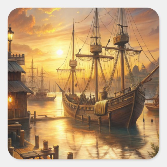 Adesivo Quadrado Um navio nas docas (Frente)