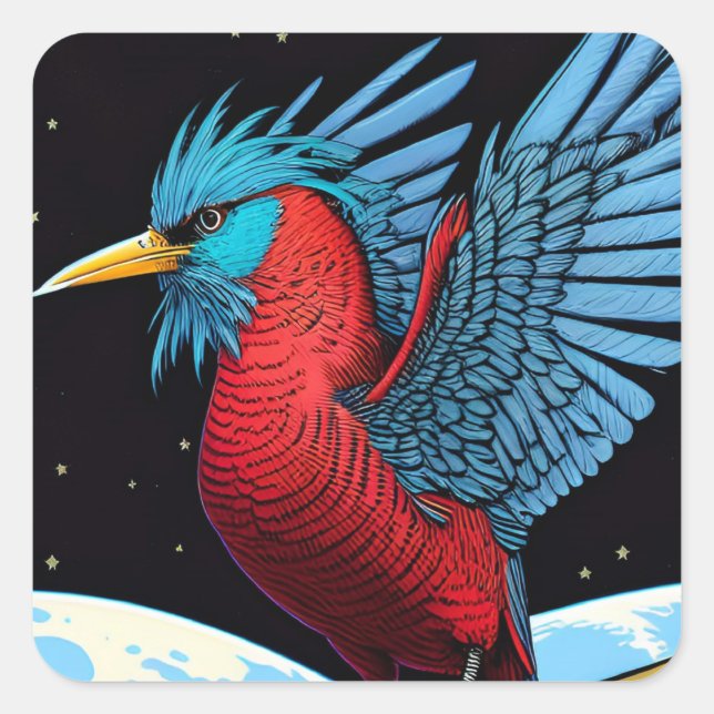 Adesivo Quadrado Um pássaro com um pau no espaço (Frente)