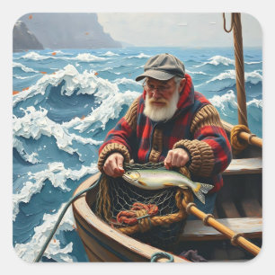 Adesivo Quadrado Um pescador em um barco no oceano