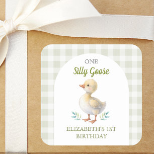 Adesivo Quadrado Um Primeiro Aniversário de Bebê Xadrez Verde Silly