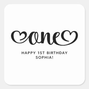 Adesivo Quadrado Um primeiro aniversario de Script de Corações Cort