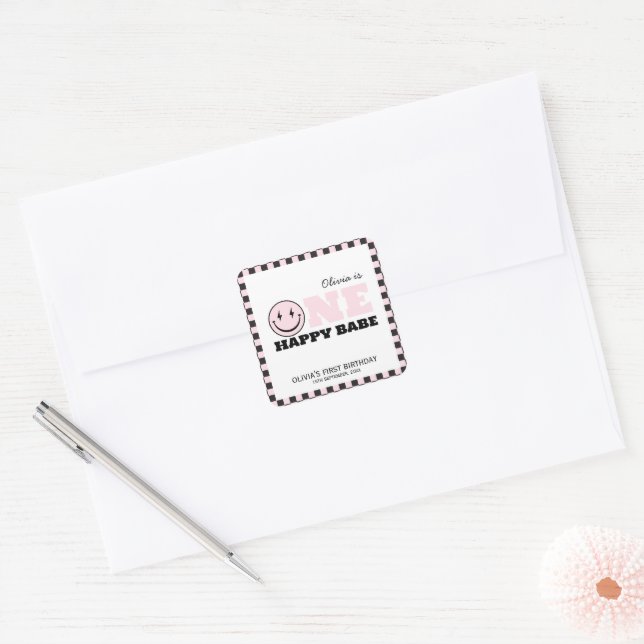Adesivo Quadrado Um primeiro aniversario Rosa Feliz, Meninas de Beb (Envelope)