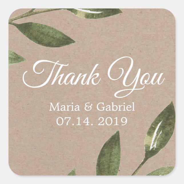 Adesivo Quadrado Um simples casamento de Kraft verde botânico Obrig (Frente)