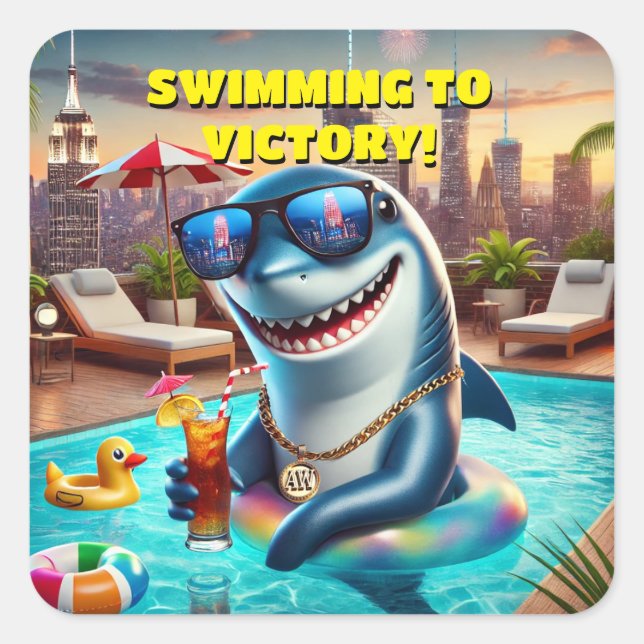 Adesivo Quadrado Um tubarão super Legal Vestindo óculos de sol. (Frente)