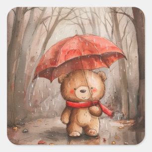 Adesivo Quadrado Um Urso de Pelúcia Fofo na Chuva