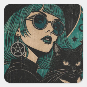 Adesivo Quadrado Uma bruxa com seu gato preto Xilogravura