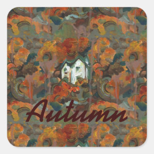 Adesivo Quadrado Uma casa branca & árvores do outono