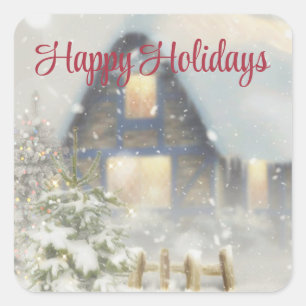 Adesivo Quadrado Uma casa com árvore de Natal e cerca