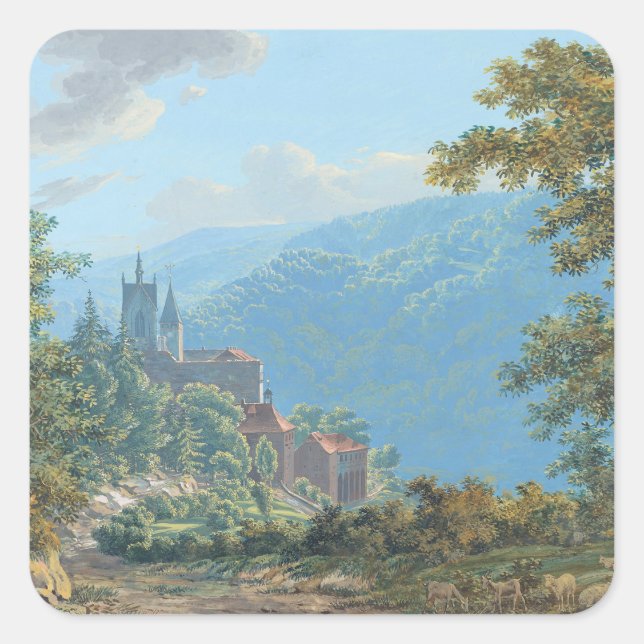 Adesivo Quadrado Uma fortaleza numa paisagem de montanha no nascer  (Frente)