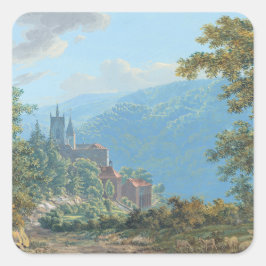 Adesivo Quadrado Uma fortaleza numa paisagem de montanha no nascer 