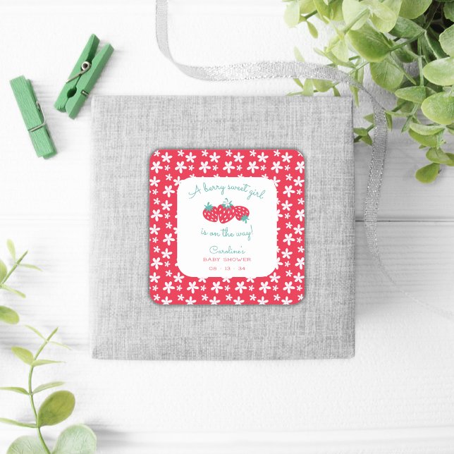 Adesivo Quadrado Uma Garota Berry Doce Chá de fraldas Strawberry Fl (Criador carregado)