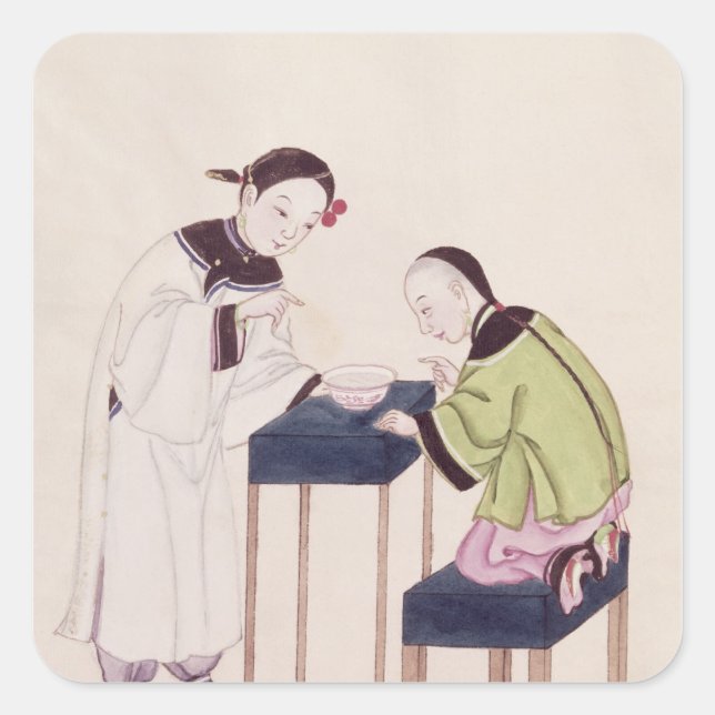 Adesivo Quadrado Uma garota procurando sorte em uma tigela de água (Frente)