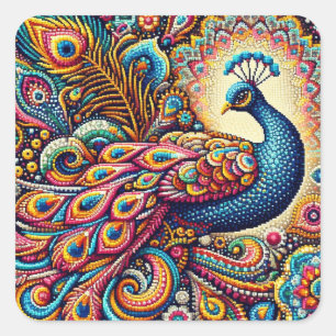 Adesivo Quadrado Uma imagem colorida de um pavão paisley pontilhist