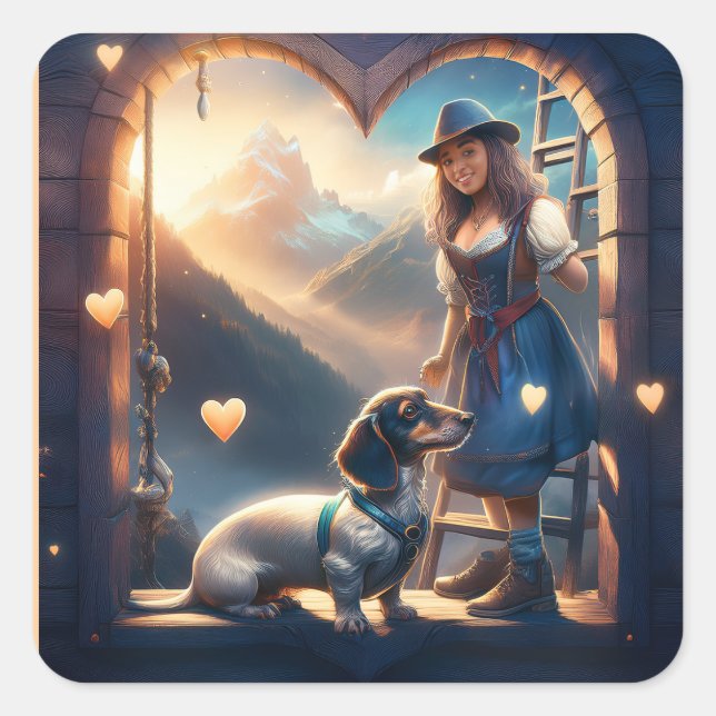 Adesivo Quadrado Uma Menina Alpina E Seu Amante Dachshund (Frente)