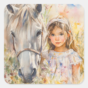 Adesivo Quadrado Uma Menina com um Cavalo