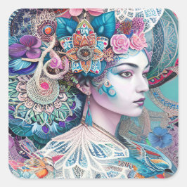 Adesivo Quadrado Uma Mulher Adornada com Elaborado Touca de Renda
