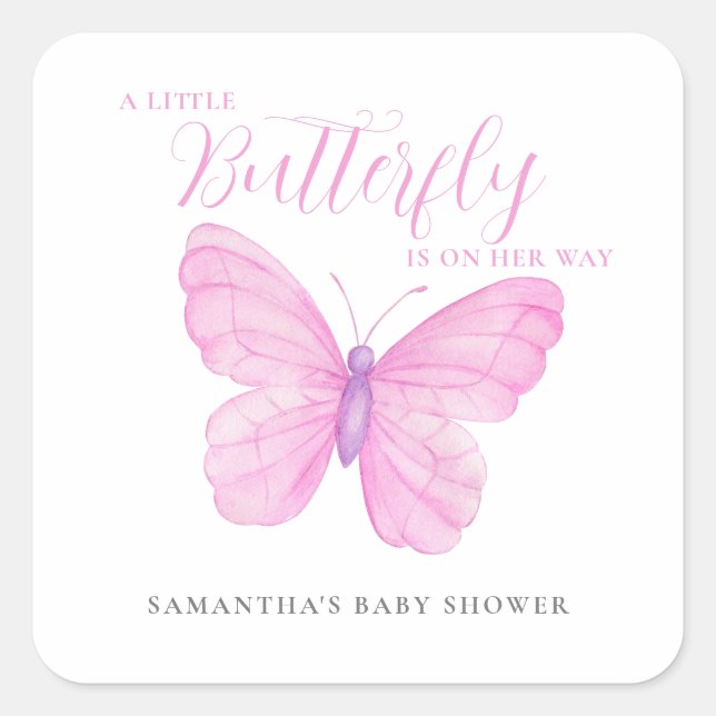 Adesivo Quadrado Uma Pequena Chá de fraldas Rosa-Borboleta (Frente)