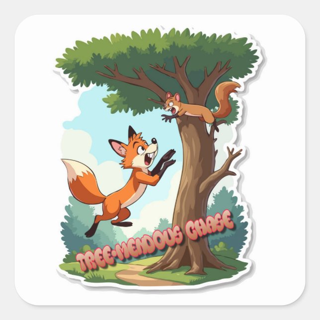 Adesivo Quadrado Uma Raposa Jogada Perseguindo um Esquilo (Frente)