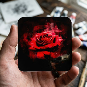 Adesivo Quadrado Uma Rosa Vermelha Aquarela em Fundo Preto