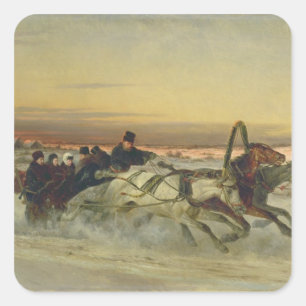 Adesivo Quadrado Uma troika de inverno galopante no amanhecer