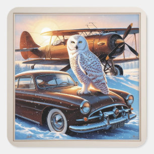 Adesivo Quadrado Uma uva de neve, um avião e um carro vintage