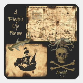 Adesivo Quadrado Uma vida de pirata para mim Caribe mapa do tesouro