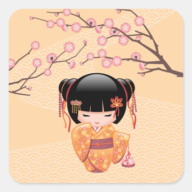 Adesivo Quadrado Ume Kokeshi Doll - Rapariga Peach Geisha Japonesa (Frente)