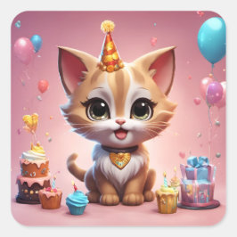 Adesivo Quadrado Un adorable chaton qui fête son anniversaire
