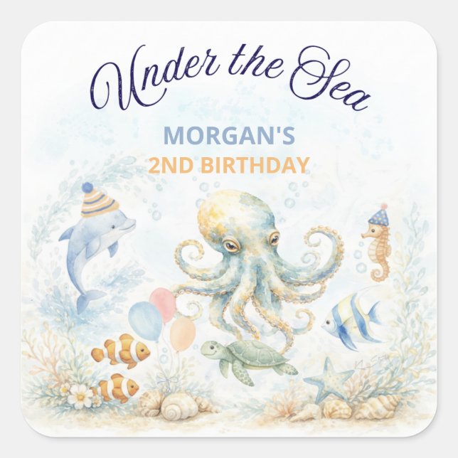 Adesivo Quadrado Under the Sea Ocean Animals Octopus Birthday (Frente)