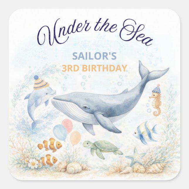 Adesivo Quadrado Under the Sea Ocean Animals Whale Birthday (Frente)