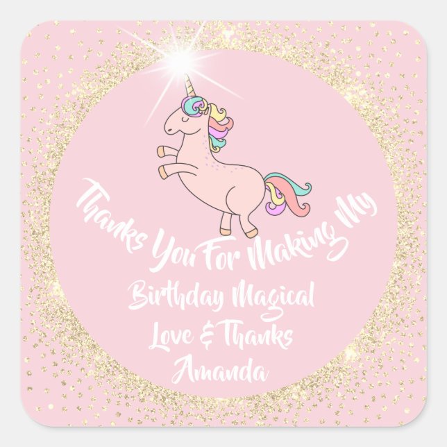 Adesivo Quadrado Unicorn Birthday Confetti Rosa Obrigados Dourado S (Frente)