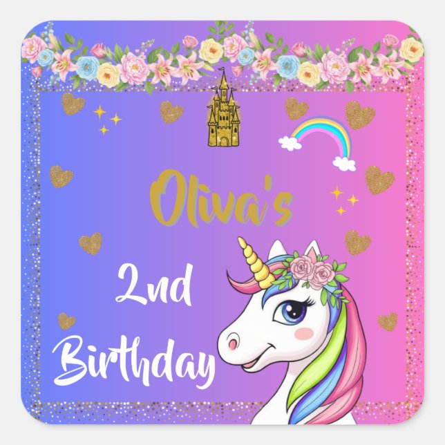 Adesivo Quadrado Unicorn Birthday Stickers | Rainbow Unicorn Party (Frente)