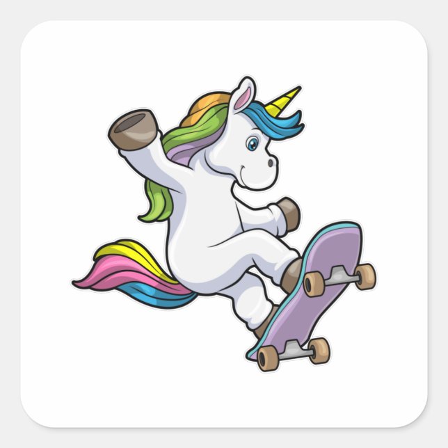 Adesivo Quadrado Unicorn como skater com skate (Frente)