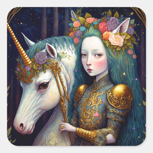 Adesivo Quadrado Unicorn e Lady Fantasy Art (Frente)