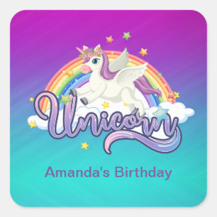Adesivo Quadrado Unicorn Rainbow Birthday Magical Whimiscal