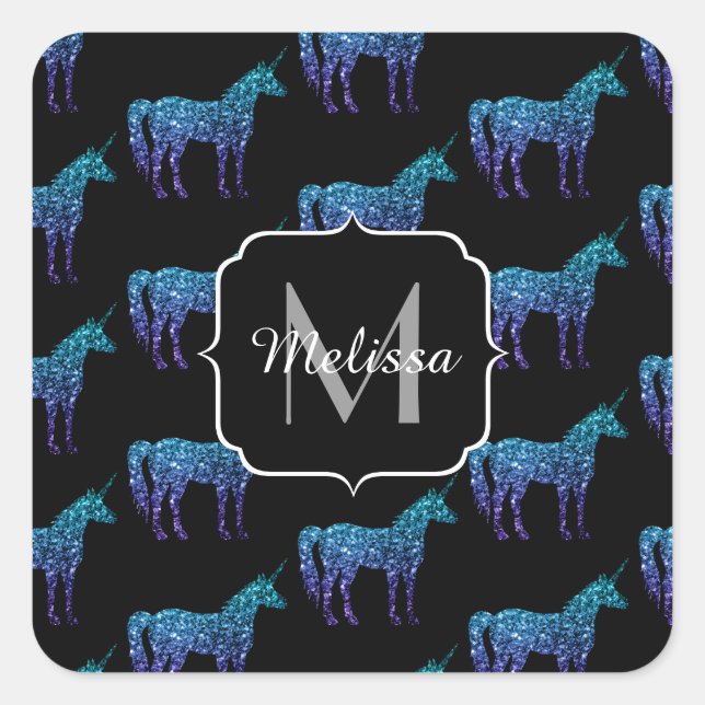 Adesivo Quadrado Unicorn Sparkles aqua Blue ombre Standard Monogram (Frente)