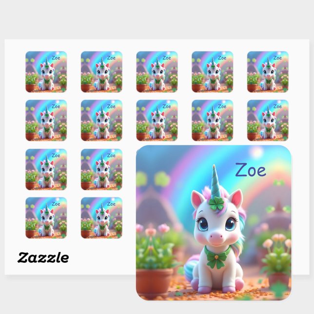 Adesivo Quadrado unicórnio bebê bonito e arco-íris, aniversário de  (Criador carregado)