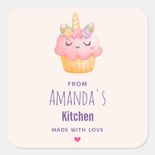 Adesivo Quadrado Unicórnio Cupcake rosa e bonito com cozinha Rosa