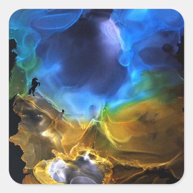 Adesivo Quadrado Unicórnio Espaço Nebula azul amarelo Álcool Arte (Frente)