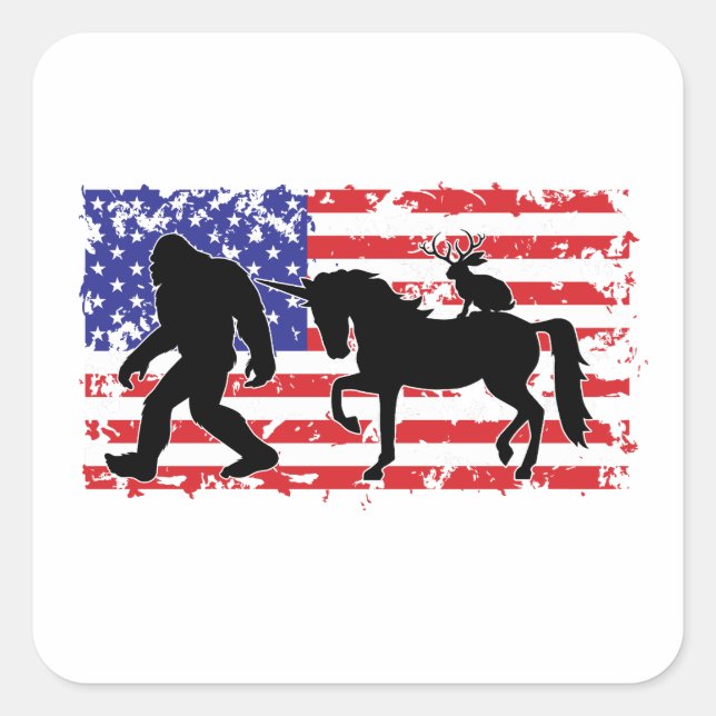 Adesivo Quadrado Unicórnio, Jackalope, Pé Grande e a Bandeira Ameri (Frente)