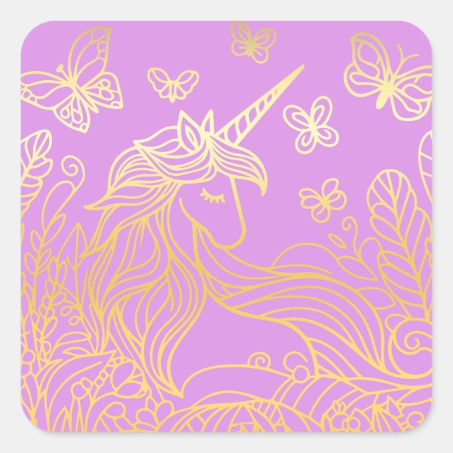 Adesivo Quadrado Unicórnio no Jardim Dourado (Frente)