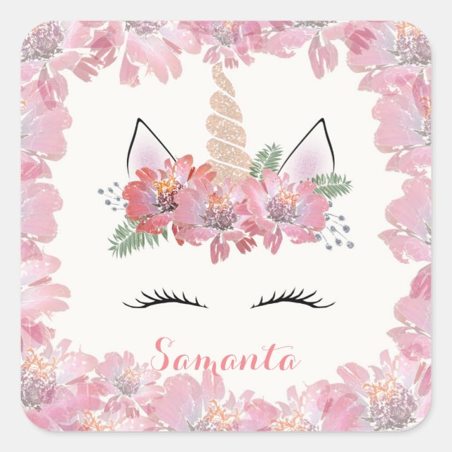 Adesivo Quadrado Unicórnio, rosto Unicórnio, personalizado, feminin (Frente)