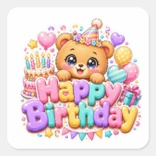Adesivo Quadrado Ursa de pelúcia fofa Kawaii Feliz Aniversário Rosa