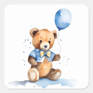 Adesivo Quadrado Ursinho de Bebê Menino Com Balão Azul