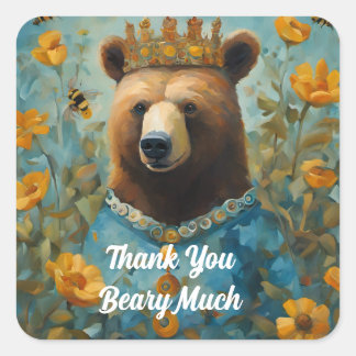 Adesivo Quadrado Urso Adorável em Coroa com Flores e Abelhas