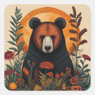 Adesivo Quadrado Urso Artístico Entre Flores Vibrantes