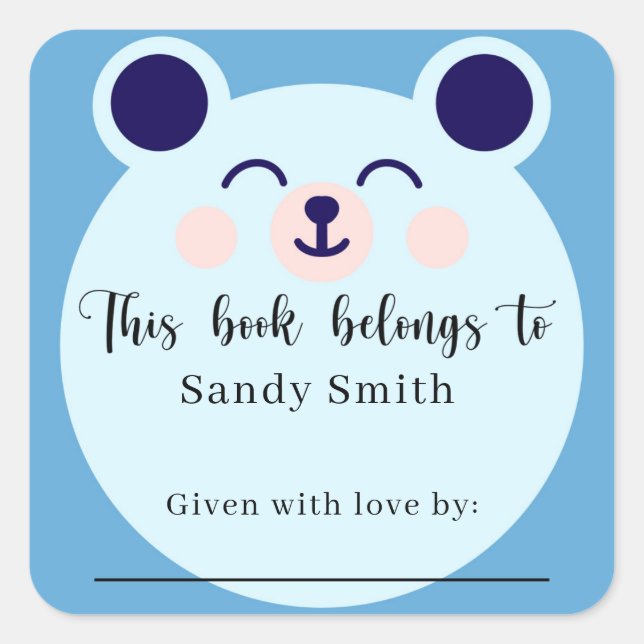 Adesivo Quadrado Urso Azul - Este livro pertence à mensagem (Frente)