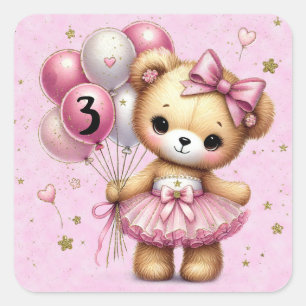 Adesivo Quadrado Urso Bailarina Rosa Balão Brilhante Festa de Anive