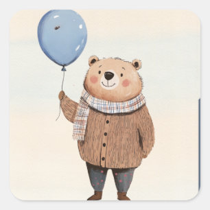 Adesivo Quadrado Urso Balão Azul na Xadrez do Sweater Castanho